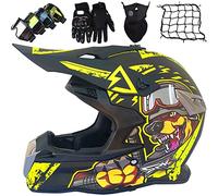 KILCVEM Kids Dirt Bike Helmet - Youth Adult Full Face MTB Helmet with Goggles, Gloves, Mask - Yellow War Dog, Large
