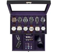 KILHS Watch Box, 12 Slot Watch case with Glass Lid, Lockable Double Watch Storage Box with 1 Wrawer for Rings, Earrings, Gift Idea, Black Synthetic Leather, Purple Lining