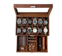 KILHS Watch Box, Gifts for Men,12 Slot Watch case with Glass Lid,Lockable Double Watch Storage Box with 1 Wrawer for Rings,Earrings,Brown Synthetic Leather, Brown Lining