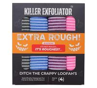 Killer Exfoliator Premium Extra-Rough Japanese Exfoliating Body Scrubber: Extra Long, Hygienic, Body Scrubber Exfoliator for Men & Women - 4 Count Pack (Black, Blue, Purple & Pink)