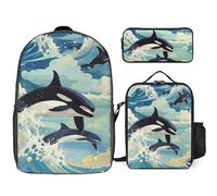 Killer Whale 3 Pieces Set Laptop Backpack Travel Daypack with Lunch Box Pencil Case for Men Women