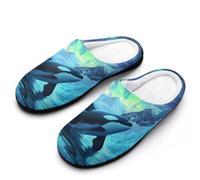 Killer Whale Aurora Snow Mountain Mens Winter Warm Slippers Rubber Sole Comfortable Cotton House Shoes For Daily Wear 9-10（42-43）