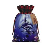 Killer Whale Christmas Drawstring Linen Gift Bag Paired With Scottish Plaid Fabric, With A Delicate And Simple Texture