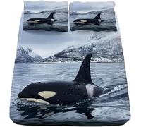 Killer Whale Fitted Sheet Super King Size Marine Life Animals 3D Fitted Sheets Deep Pocket 12 inch 30 cm Bottom Sheet Ultra Soft Microfibre Bedding Set with 2 Pillowcases a/3713
