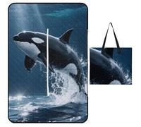 Killer Whale Picnic Blanket 150x100cm, Foldable 2-in-1 Picnic Mat and Tote Bag Portable Waterproof Beach Mat Sandproof Outdoor Blanket for Park, Hiking, Beach, Camping, Travel