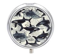 Killer Whale Pill Box 3 Compartment Small Pill Case with Mirror for Purse & Pocket Travel Medicine Organizer Daily Medication Container Portable Pillbox Metal Medicine Box Round Meds Case