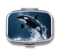 Killer Whale Pill Case 2-Compartment Pill Organizer with Mirror- Portable Medicine Container for Purse & Travel, Small Medicine Box for Vitamins, Fish Oil, Supplements
