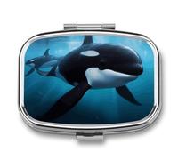 Killer Whale Pill Organizer Container for Travel, Metal 2 Compartment Square Pill Case, Portable Mini Medicine Box Pill Storage Case for Purse Pocket, Supplement Storage