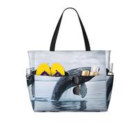 Killer Whale Print Large Capacity Beach Travel Bag, Waterproof Beach Tote Bag with Zip and Pocket, Tote Bags for Traveling, Shopping, Pool