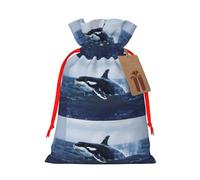 Killer Whale Print Printed Christmas Drawstring Gift Bags-Xmas Wrapping Bags,Candy Bag,For Holiday Party Decorations,Wedding Party Supplies M Red Ribbon