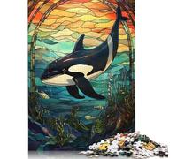 Killer Whale Stained Glass Puzzle for Adults And Teenagers 1000 Pieces Wooden Puzzles for Teenagers Gifts Brain Teaser Game 1000pcs (75x50cm)