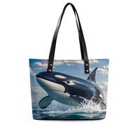 Killer Whale Tote Bag Large Soft Leather Purse with Zipper Lightweight Ladies Shoulder Handbag