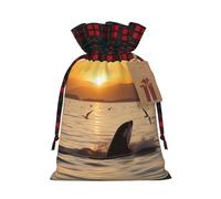 Killer Whale Under Sunset Christmas Drawstring Linen Gift Bag Paired With Scottish Plaid Fabric, With A Delicate And Simple Texture
