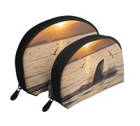 Killer Whale Under Sunset Print Shell-Shaped 2-Piece Makeup Bag Set Travel Cosmetic Organiser Stylish Storage for Beauty & Gifts for Women Girls