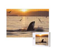 Killer Whale Under Sunset Printed 300 Pieces Jigsaw Puzzle with Storage Box, Wooden Puzzle for Adults and Kids, Family Fun Decorative Game, 40x28 CM