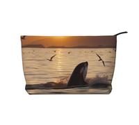 Killer Whale Under Sunset Printed Corduroy Makeup Bag for Women Cute Make up Bag Travel Cosmetic Bag with Wristlet