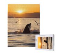 Killer Whale Under Sunset Printed Jigsaw Puzzle with Storage Box, Wooden Puzzle for Adults and Kids, 500 Pieces Family Fun Decorative Game, 38x52 CM