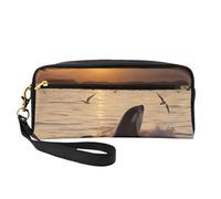 Killer Whale Under Sunset Printed Leather Makeup Bags with Wrist Strap Portable Travel Toiletry Bag Cosmetic Organizer Bag for Women