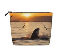 Killer Whale Under Sunset Printed Make up Bag Linen Toiletry Bag Personalized Travel Makeup Cosmetic Bag for Women Mom
