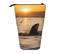 Killer Whale Under Sunset Printed Pencil Case Standing Telescopic Pen Holder for Cosmetics Pouch Makeup Office Bag