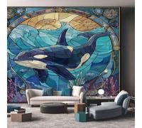 Killer Whale Wallpaper for Living Room, Stained Glass Art Wall Mural for Bedroom, Non-Woven Photo Wallpaper Home Decor 150X105cm, Wall Decoration D12
