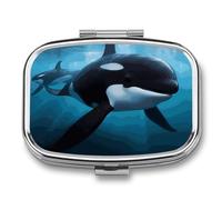 Killer WhalePill Organizer with Mirror, 2 Compartment Metal Travel Pill Case, Weekly Medicine Container for Daily Meds, Compact & Artistic Design for Purse, Pocket, Or Wallet