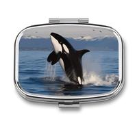 Killer WhalePill Organizer with Mirror, 2 Compartment Metal Travel Pill Case, Weekly Medicine Container for Daily Meds, Compact & Artistic Design for Purse, Pocket, Or Wallet