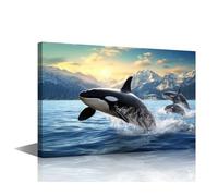 Killer Whales Canvas Wall Art Orcinus Orca Pair Leaping Paintings Ocean Theme Prints on Canvas Modern Artwork Pictures for Living Room Bedroom Wall Decor Giclee Framed Ready to Hang 36x24 in