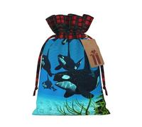 Killer Whales Swim Along Christmas Drawstring Linen Gift Bag Paired With Scottish Plaid Fabric, With A Delicate And Simple Texture