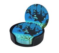 Killer Whales Swim Along Coasters Set Of 6 For Drinks With Holder, Classy And Simple Coasters For Coffee Table, Great Housewarming Gifts