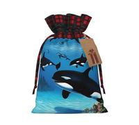 Killer Whales Swim Along Color Blocked Linen Drawstring Gift Bag, Reusable Gift Bag