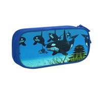 Killer Whales Swim Along Large Capacity Double Layer Pencil Case,Customizable Full Print Polyester Fabric Organizer-School, Office, Travel Makeup Pouch