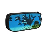Killer Whales Swim Along Large Capacity Double Layer Pencil Case,Customizable Full Print Polyester Fabric Organizer-School, Office, Travel Makeup Pouch
