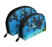 Killer Whales Swim Along Portable Shell Cosmetic Bag Set - Travel Makeup Organiser with Zipper & Inner Compartments