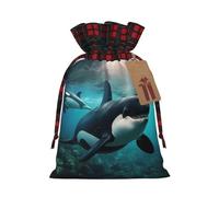 Killer Whales Swim Along Print Christmas Drawstring Burlap Gift Bags With Tags,Suitable For Gift Wrapping And Party Decorations.