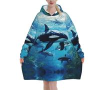 Killer Whales Swim Along Print Cozy Oversized Blanket Hoodie For Indoor Winter And Christmas Loungewear Gifts