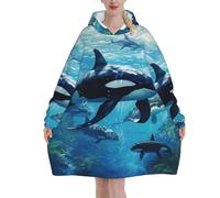 Killer Whales Swim Along Print Cozy Oversized Blanket Hoodie Wearable With Pocket For Adults Winter Christmas