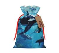Killer Whales Swim Along print Large Christmas bag, reusable drawstring linen packet, Birthday Parties Supplies