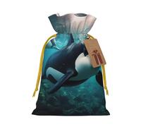 Killer Whales Swim Along print Large Christmas bag, reusable drawstring linen packet, Birthday Parties Supplies