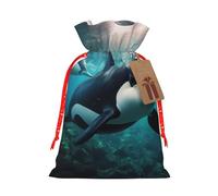 Killer Whales Swim Along print Large Christmas bag, reusable drawstring linen packet, Birthday Parties Supplies