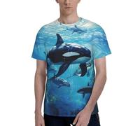 Killer Whales Swim Along Print Short Sleeve Crew Neck T-Shirt Fashionable Casual Summer Comfortable Everyday Use Black