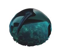Killer Whales Swim Along Print Shower Cap For Women Reusable Double Layer Stylish Soft Bath Cap With Lining Elastic Band