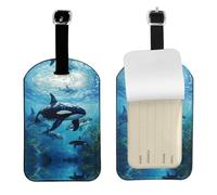 Killer Whales Swim Along Printed PU Leather Bag Tag, Personalized Baggage Label, Privacy Flap ID Shield, for Vacation