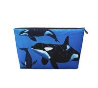 Killer Whales Swim Along Printed Toiletry Bag for Women Girl Portable Travel Cosmetic Bag Leather Makeup Pouch Organizer with Silver Zipper