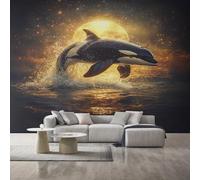 Killer Whales Wallpaper for Living Room, Fishing Sunset Marine Life Wall Mural for Bedroom, Non-Woven Photo Wallpaper Home Decor 300X210cm, Wall Decoration D19