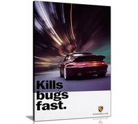 Kills Bugs Fast Porsche 911 Advert Canvas - Poster Print Black & White Car Wall Art for Garage Framed Canvas Print, Pictures for Home Walls, Bedroom, Living Room & Bathroom Decor 76x51cm (30x20in)