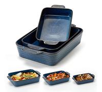 Kiln-Transformed Blue Ceramic Baking Dish Set of 3, Casserole Dishes for Oven, Square Porcelain Bakeware Set with Handles, Lasagna Baking Pan for Cooking, Perfect for Baking and Serving, Housewarming