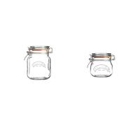Kilner 1 Litre Square Glass Clip Top Preservation Storage Jar & 0.5 Litre Round Clip Top Jar