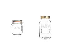 Kilner 1 Litre Square Glass Clip Top Preservation Storage Jar & 1 Litre Round Glass Screw Top Lid Preservation Storage Jar