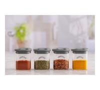 Kilner Fresh Storage Set of 4 x 160ml Airtight Glass Spice Jars with Durable Vacuum Seal Lids | BPA-Free Mini Jars for Herbs, Seasonings, Pantry Organisation